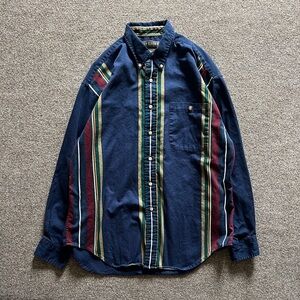 VTG 90s Vertical Stripe Navy Button Up Shirt Men M Retro Cosby Style Elbow Patch